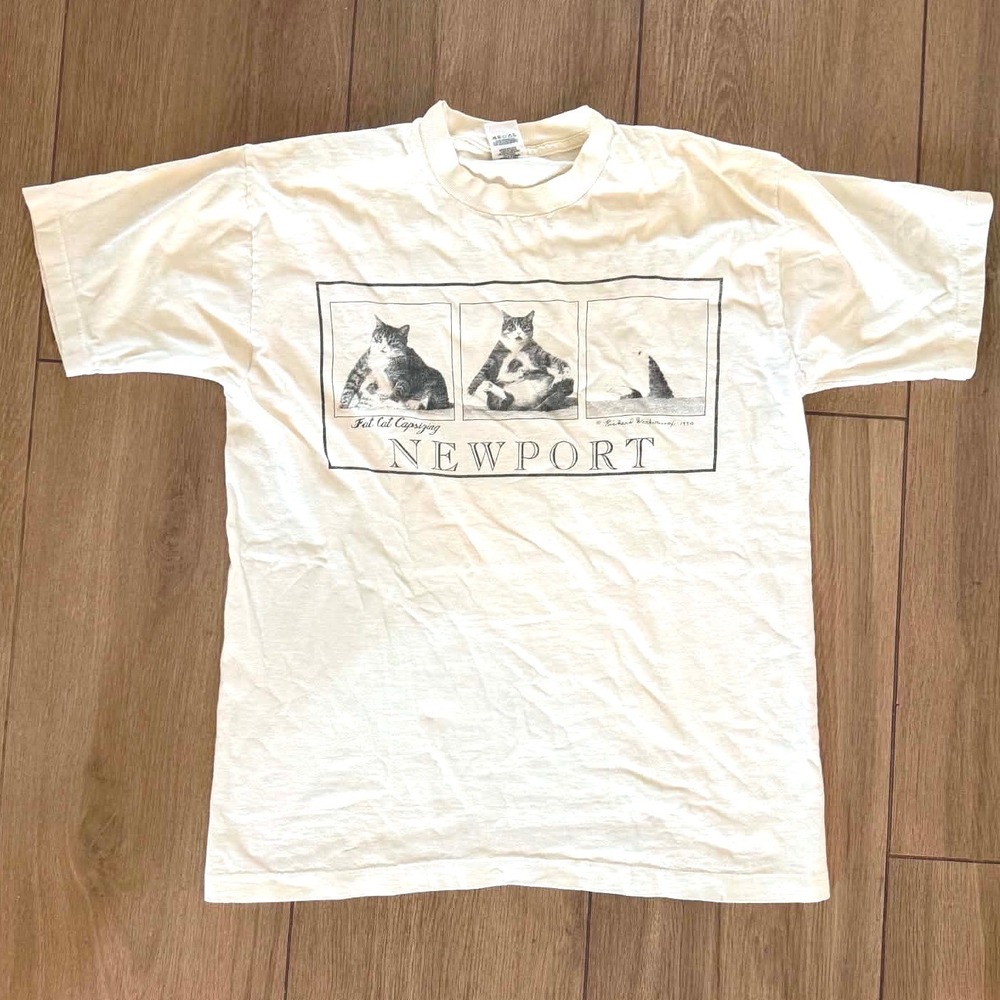 Vintage 1990 Fat Cat Capsizing Newport Single Stitch T-Shirt Fruit of the Loom L
